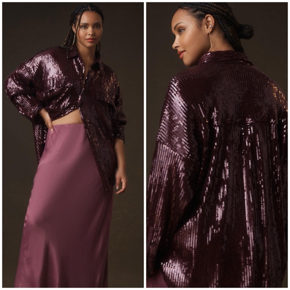 Anthropologie Pilcro Sequin Buttondown Shirt In Plum 2X - Picture 1 of 14